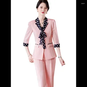Dames tweedelige broek Elegante vrouwen roze witte zwarte broekpak 2 set met boog formeel jasje en broek voor kantoor dame lente zomerwerk