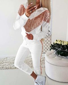 Dames Tweedelige broek Elegante damessets Outfit Colorblock Contrast Pailletten Trekkoord Capuchon Top Set 2024 Herfst Lente Mode Casual