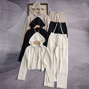 Pantalon de deux pièces pour femmes élégant solide laine tricot ensemble 2023 femmes à manches longues à capuche pull à capuche cordon sarouel pantalon mode décontracté épais 2