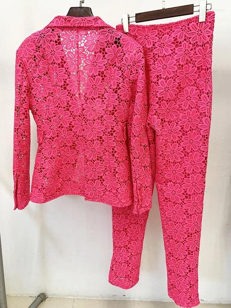 Dames Tweedelige Broek Borduren Kant Blazer Buits Voor Vrouwen 2023 Herfst Kantoor Feestoutfits Eén Knop Jas En Broek Set 2