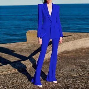 Pantalon deux pièces pour femmes Est 2023 Designer Runway Suit Set Bouton unique Slim Fit Revers Blazer Flare 2pcs Royal Blue Wholesale