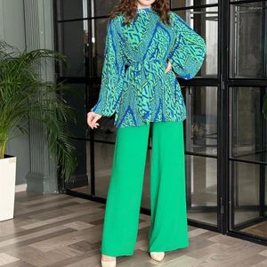 Pantalon de style ethnique à deux pièces Fashion Chemise imprimée plissée