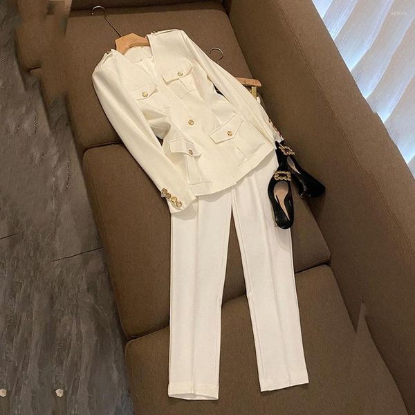 Pantalon deux pièces femme blanc européen à manches longues col en V Blazer dames tempérament mince costume de banlieue vestes pantalon professionnel