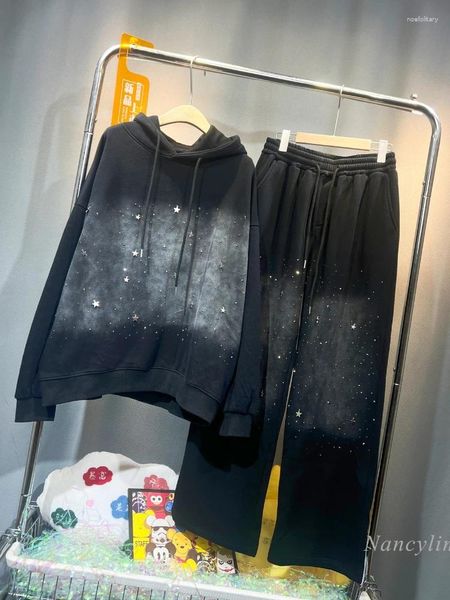 Pantalones de dos piezas para mujer, conjunto de ropa exterior de invierno europea, sudadera gruesa de felpa con diamantes de imitación teñidos con capucha, traje de terciopelo suelto para mujer