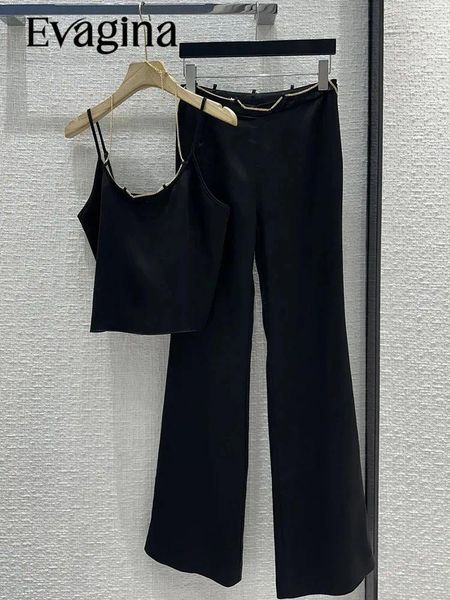 Pantalon de deux pièces pour femmes Evagina Fashion Rayway Summer Black Tablers Black Spaghetti Strap Metal Chain gilet Straight Barrel Ligne