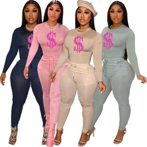 Pantalon deux pièces pour femmes FAGADOER solide femmes maigres deux pièces ensembles printemps survêtements moulants haut imprimé dollar et leggings pantalons 2pcs tenues 2022 nouveau T221012