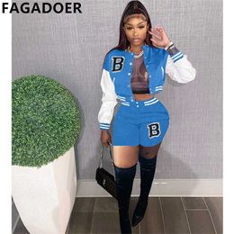 Pantalon de deux pièces pour femmes Fagadoer Streetwear Deux pièces Ensembles Mode Printemps Été Vestes de baseball pour femmes 2022 Patchwork Bouton Crop Top Shorts Outfit T221012