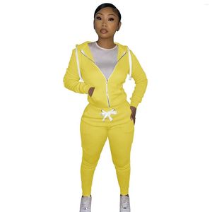 Pantalon deux pièces femme automne hiver 2022 pantalons de survêtement et sweat à capuche ensemble Peice solide veste survêtement Streetwear tenues décontractées survêtement jaune