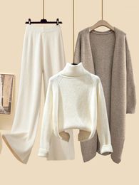 Zweiteilige Damenhose Herbst Winter Warme Strickwaren-Sets für Damen Eleganter Rollkragenpullover Lange Strickjacken Stricken mit weitem Bein 2023