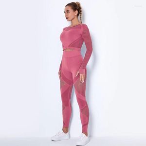 Zweiteilige Damenhose, Herbst/Winter, Damen-Sport-Fitness-Yoga-Lauf-T-Shirt, langärmliges Stretch-Oberteil, O-Ausschnitt, Workout