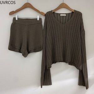 Pantalon deux pièces pour femmes mode 2 pièces ensembles femmes tenues pull à manches longues femmes hauts taille haute décontracté Shorts élégant dame bureau costume tricot 230606