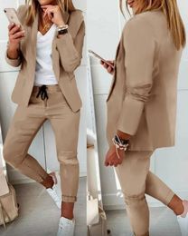 Pantalon de deux pièces pour femmes Mode 2024 Printemps Automne Femmes Turn Down Imprimer Blazer Coatwomen Ensemble Tenues Cordon Costume Casual 231211