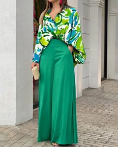 Vrouwen Tweedelige Broek Mode Vleermuis Mouw Wijde Pijpen Vrouwen Set s Outifits Herfst Kleding Groen Elegant Kantoor Shirt 2 230704