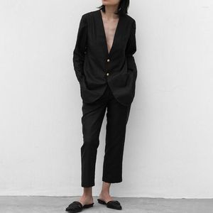 Pantalon deux pièces pour femmes mode noir femmes pantalon costume col en V à manches longues simple boutonnage veste blazer et pantalon droit dames décontracté 2