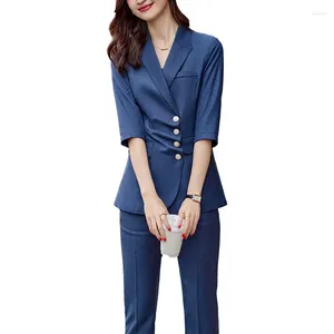 Dames tweedelige broek mode blauwe blazer vrouwen zakelijke pakken broek en jas sets kantoor dames werken uniform stijlen broekpakjes ol