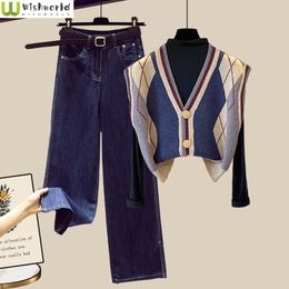 Twee stuk broek voor dames mode casual herfst en winterpak vrouwen Koreaanse stijl western-stijl westerse brei-vest top jeans driedelige set 230325