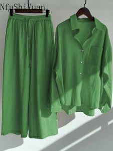 Femmes deux pièces pantalons mode décontracté coton lin chemise costume taille haute pantalon ample ensembles tenues vêtements pour femmes 230313