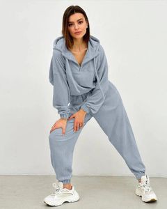 Pantalon de deux pièces pour femmes Mode Corduroy 2 pièces Ensembles Femmes Casual Demi-Zip Sweats à capuche et tenue ample Automne Hiver Femme Streetwear