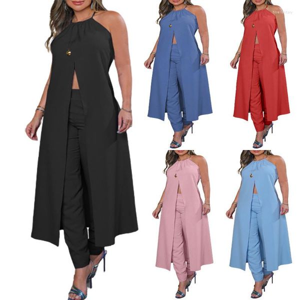 Femmes deux pièces pantalons mode élégant sans manches ensembles femmes tenues haute fente palangre haut Long ensemble Cape manteau costume maigre