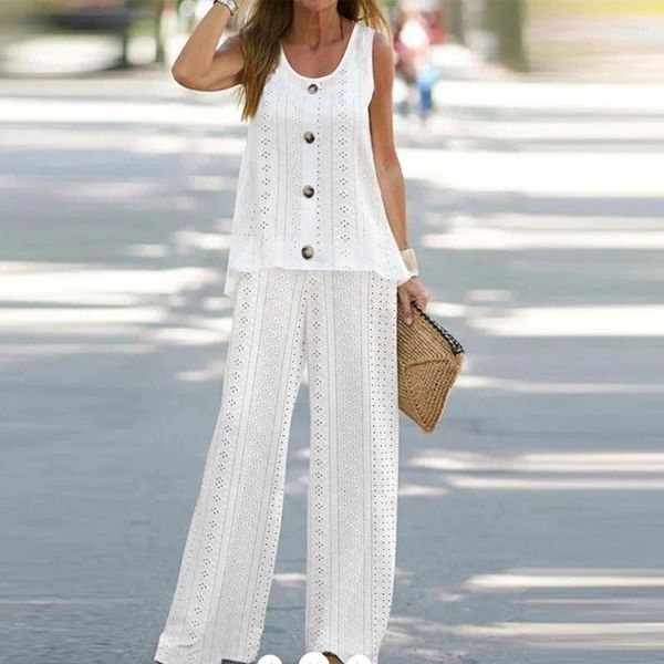 Pantalones de dos piezas para mujer, conjunto de mujer liso con bordado a la moda, camisetas sin mangas sin mangas, trajes largos, trajes sueltos informales para mujer de oficina