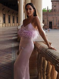 Pantalon à deux pièces pour femmes Fashion Feather Sling Top Top Women Elegant Elegant Pieces de jambes Été Femme Femme Pink Party Club Streetwear