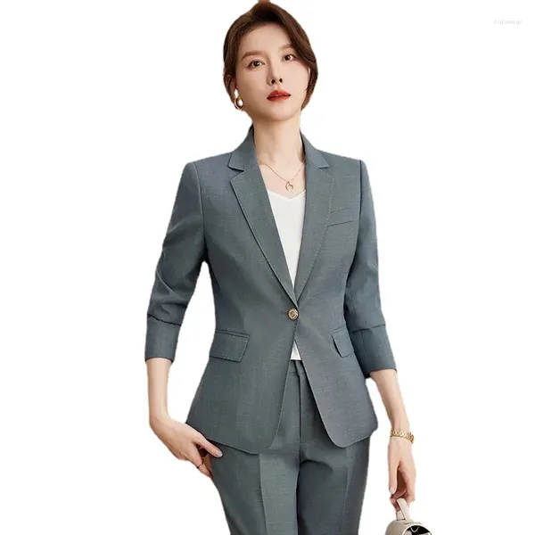 Pantalon à deux pièces Fashion Grey Blazer Femmes Business Suits Pant et haut Set Work Wear Jacket Beauty Salon Office Ladies Uniform Style