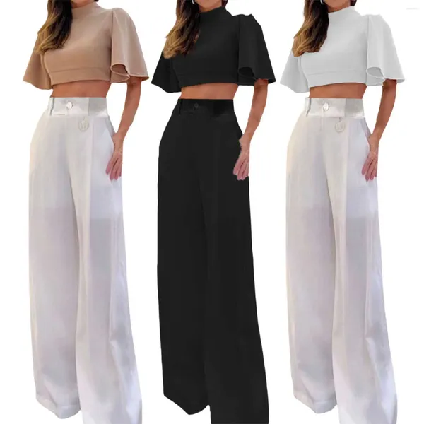 Pantalon de deux pièces pour femmes Mode taille haute taille large pantalon costume 2024 femmes ensemble blanc noir goutte épaule chemise à volants bouton tenues