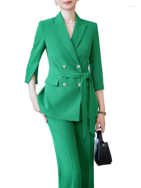 Pantalones de dos piezas para mujer, traje de pantalón para mujer, verde, blanco, ropa de trabajo de negocios, chaqueta formal, chaqueta y pantalón, 2 juegos