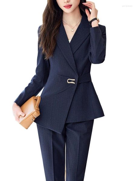 Pantalon de deux pièces pour femmes Mode Dames Pantalon Costume Femmes Gris Bleu Noir Rayé Femme Business Work Wear Veste formelle Blazer et pantalon 2