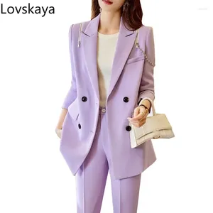 Pantalon de deux pièces pour femmes Mode à manches longues Double boutonnage Veste ample Blazer Pantalon Casual 2 Set Noir Violet Blanc Femmes Pantalon Costume