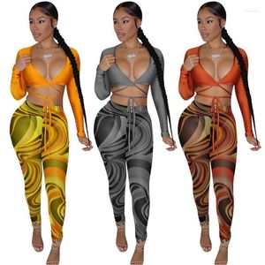 Pantalon deux pièces femme mode maille imprimé T-shirt à manches longues pantalon jambe large costume deux pièces produit d'automne