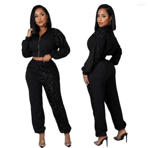 Pantalones de dos piezas para mujer, conjunto de dos piezas de manga larga con retazos de lentejuelas a la moda para mujer, Top corto con cremallera, chaqueta y pantalones, traje informal negro