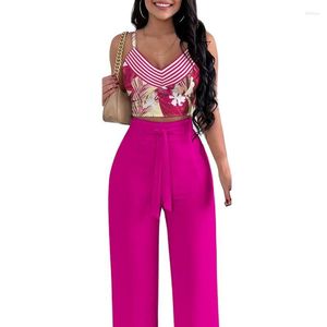 Pantalon deux pièces pour femmes, ensemble à la mode, vêtements décontractés, tenue imprimée tropicale, haut court froncé, taille haute