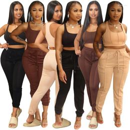 Pantalon deux pièces pour femmes Mode Sexy Femmes Débardeur Positionnement Ligne Oblique Insert Pocket Shrink Foot Sports Casual 2 Sets Womens Outfits