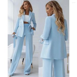 Pantalon de deux pièces pour femmes Mode Sky Blue 2 pièces Ensemble Costumes d'affaires Costumes de mariage Tuxedos Party Peaked Revers Double boutonnage Femmes (Blazer