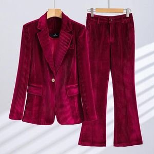 Pantalon de deux pièces pour femmes Mode rayé velours dames pantalon costume automne hiver rouge vert noir bleu vêtements de travail femmes blazer et pantalon formel