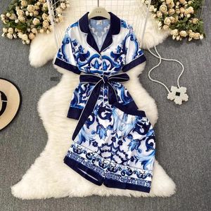 Dames tweedelige broek mode zomer vakantie blauw en wit porselein 2 sets dames losse shirts met korte mouwen tops bloem bedrukt