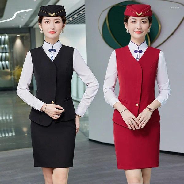 Pantalones de dos piezas para mujer Chaleco de moda Uniformes de trabajo Traje de falda profesional China Southern Airlines Aerolínea Azafata Vuelo en tren de alta velocidad
