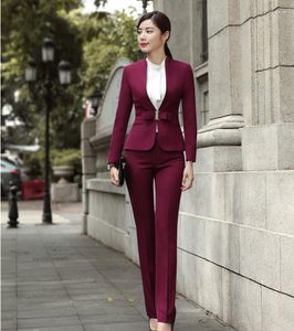 Dames tweedelige broek mode Wijn formele uniformen ontwerpen professionele broekpakken met jassen en voor dames kantoorwerk slijtage blazers