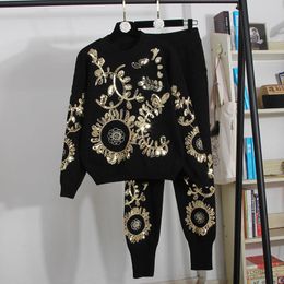Pantalones de dos piezas para mujer Moda Mujer Chándal 2022 Otoño Invierno Conjunto Hoja de oro Disco Flor Bordado Suéter Punto SportsuitsMujeres