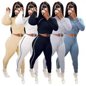 Pantalon de deux pièces pour femmes Mode Femmes 2 Set Sexy Shirring Cropped Sweat à capuche Bodycon High Stretchy Streetwear 2022 Article en vrac en gros