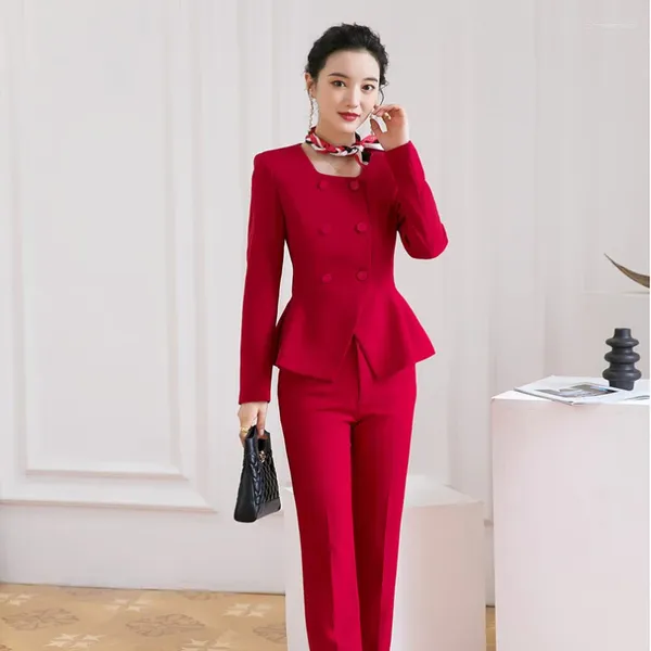 Pantalones de dos piezas para mujer Trajes de negocios de moda para mujer con conjuntos de pantalón y chaqueta Blazer rojo Estilos de uniformes de oficina de trabajo para mujer Trajes de pantalón