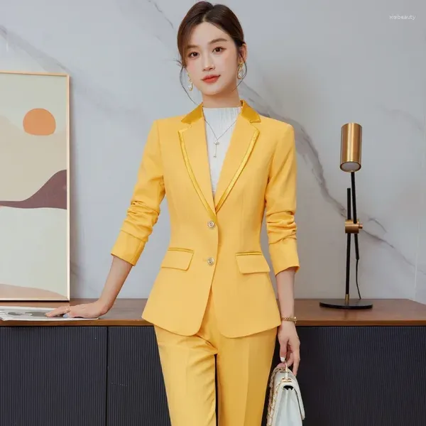 Calças femininas de duas peças moda mulheres ternos de negócios blazer e calça conjunto senhoras jaqueta de trabalho esteticista escritório uniforme design ol amarelo