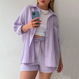 Pantalones de dos piezas para mujer Conjunto de dos piezas de moda para mujer, camisa y pantalones cortos con cuello plisado único, pantalones cortos informales de verano de manga larga y cintura alta