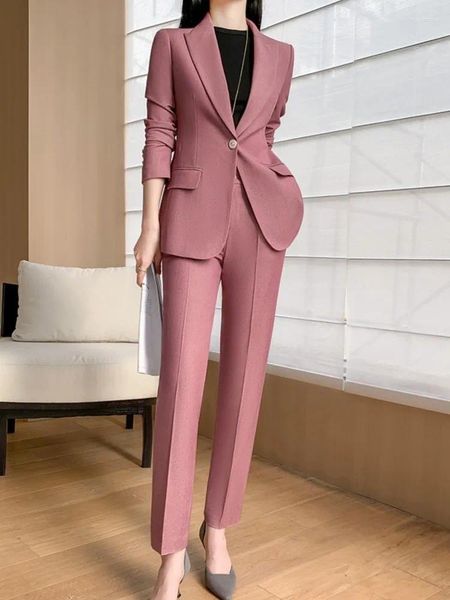 Pantalones de dos piezas para mujer Moda Mujer Vintage Formal Traje de pantalón sólido Elegante Blazer elegante Abrigo Trajes rectos Conjunto de piezas de entrevista femenina