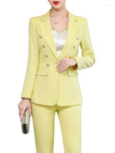 Pantalon deux pièces femme mode jaune violet pantalon costume dames vêtements de travail veste formelle et pantalon femme affaires Blazer 2 ensemble