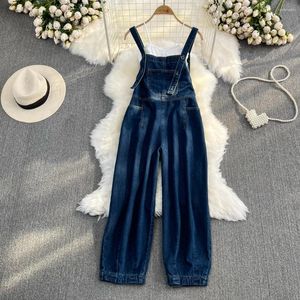 Tweedelige damesbroek Modieuze zomerpakken Koreaanse stijl Wit hemdje en losse hoge taille Rechte wijde pijpen Denim jarretelbroek