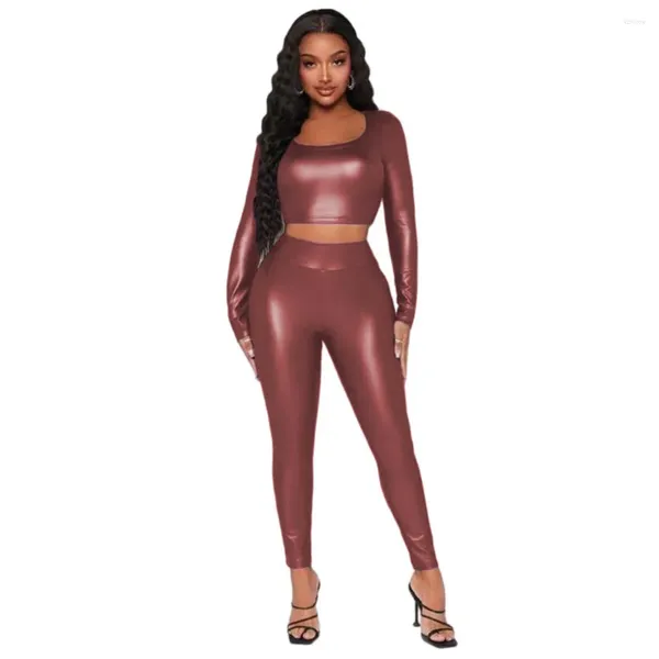 Pantalon féminin à deux pièces Faux Pu Leather Sports Suit Fashion Fashion Femmes Femmes Sexy Sexe Collages à manches longues Leggings Tipings Two-Piece Club