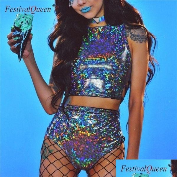 Pantalons de deux pièces pour femmes FestivalQueen Holographic Crop Top Femmes 2 SETS FETIVIVE RAVE CHAVES EUSEURS TORIGS HOLOGRAME TANK HIGH TAIN