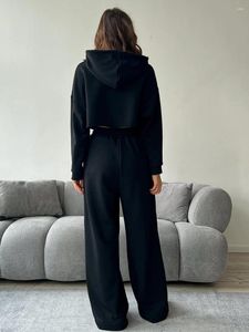 Pantalon de deux pièces pour femmes FIOMVA Femmes Crop Top 2 Tenues décontractées à manches longues Sweat à capuche Sweatsuit Wide Leg Ensembles Lounge Wear (A Noir